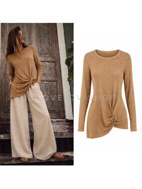 Sweater | Metallic Knit Ruched Twist Asymmetrical Top Gold XL | Chico’s Polished